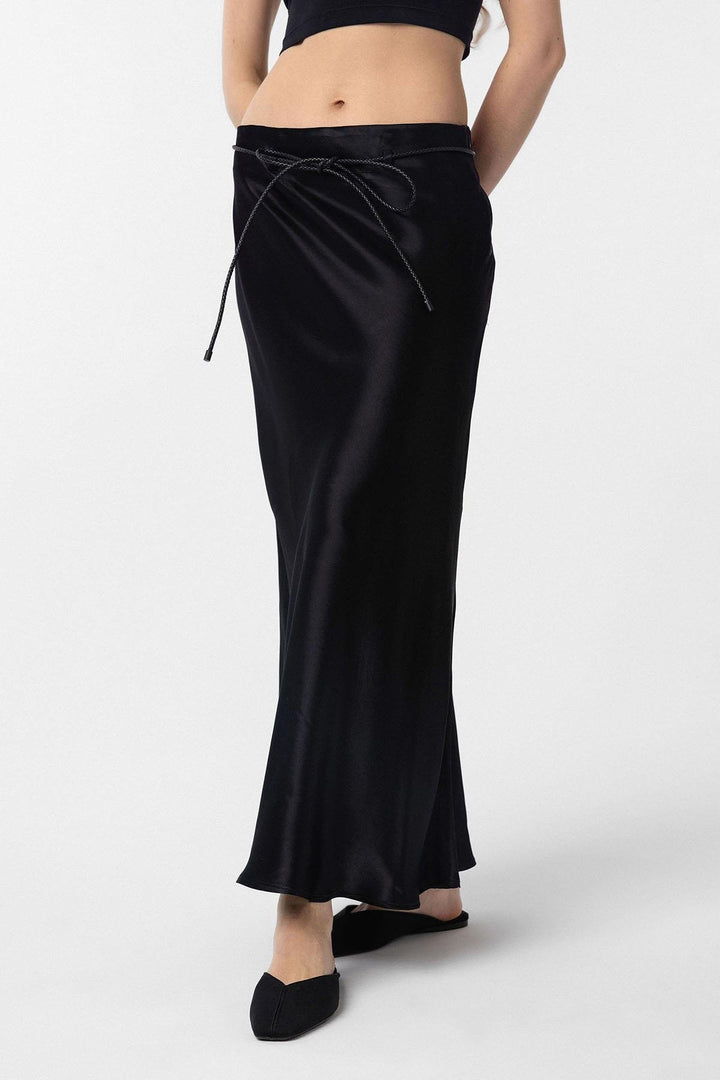 ANT Antioch Black Belted Satin Long Women's Skirt - Ragusa