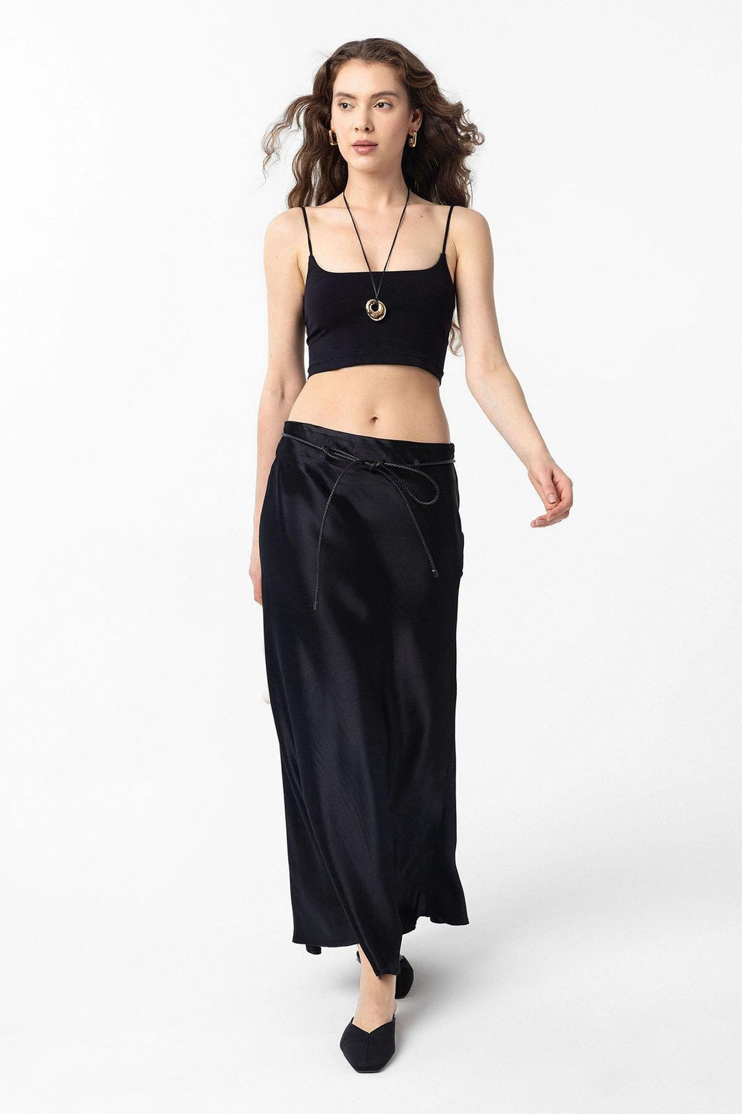 ANT Antioch Black Belted Satin Long Women's Skirt - Ragusa