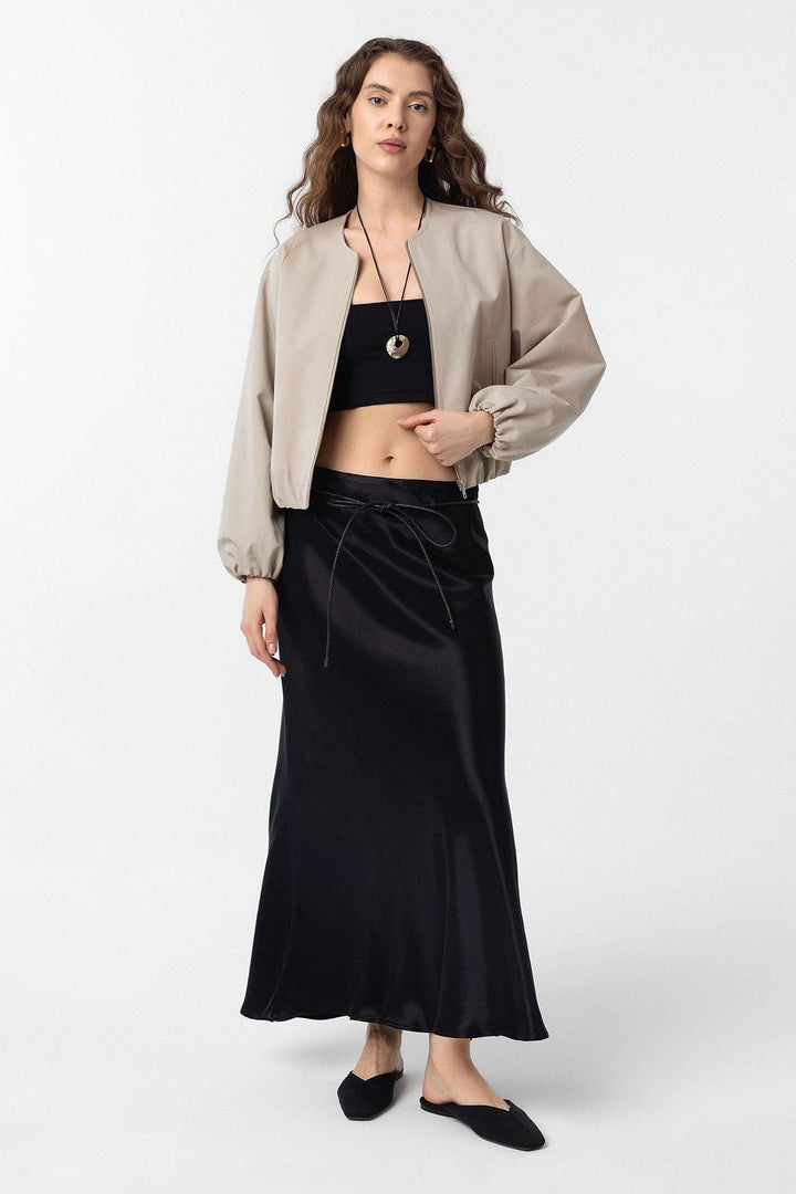 ANT Antioch Black Belted Satin Long Women's Skirt - Ragusa
