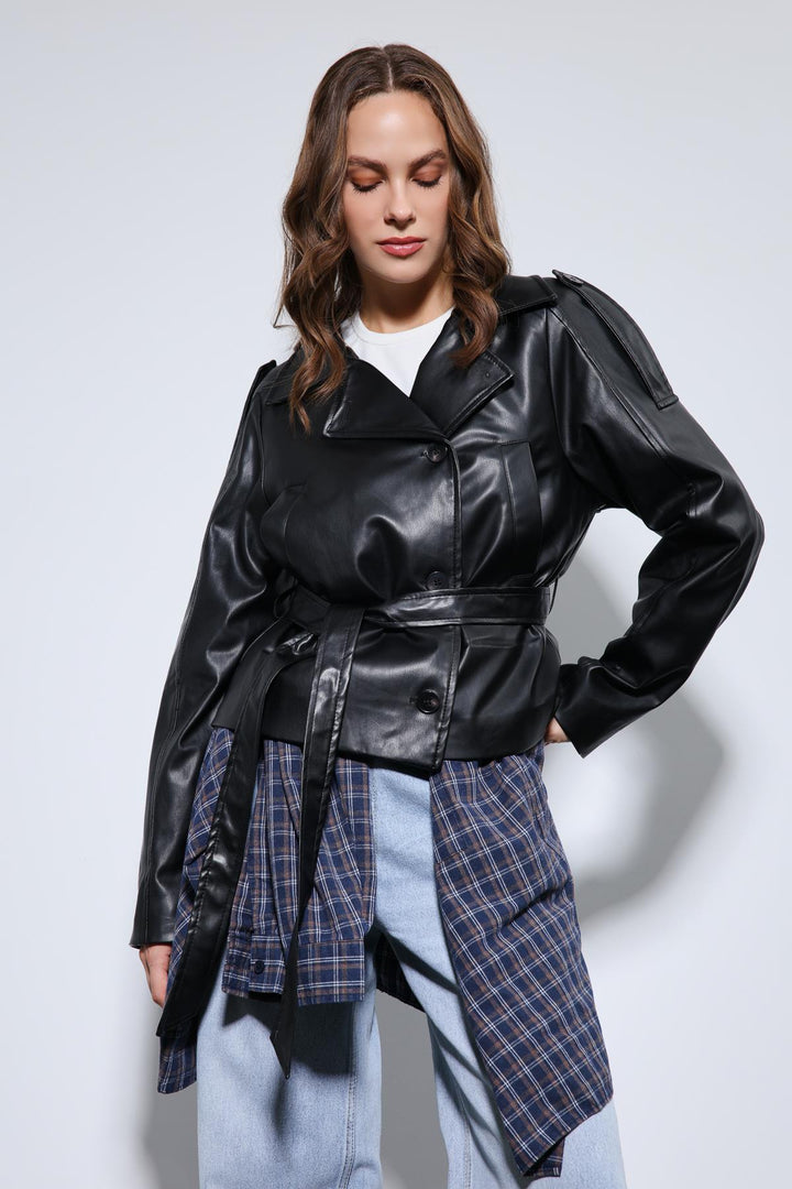 ANT Antioch Black Belted Faux Leather Jacket - New Brunswick