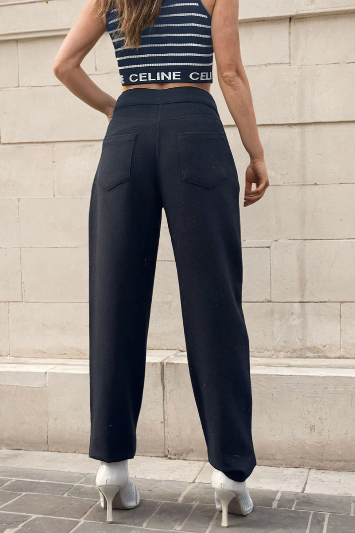 Black Self Patterned Coat High Waist Pocketed Pleated Pants BCBSK-25700-3448 - Halle-Neustadt