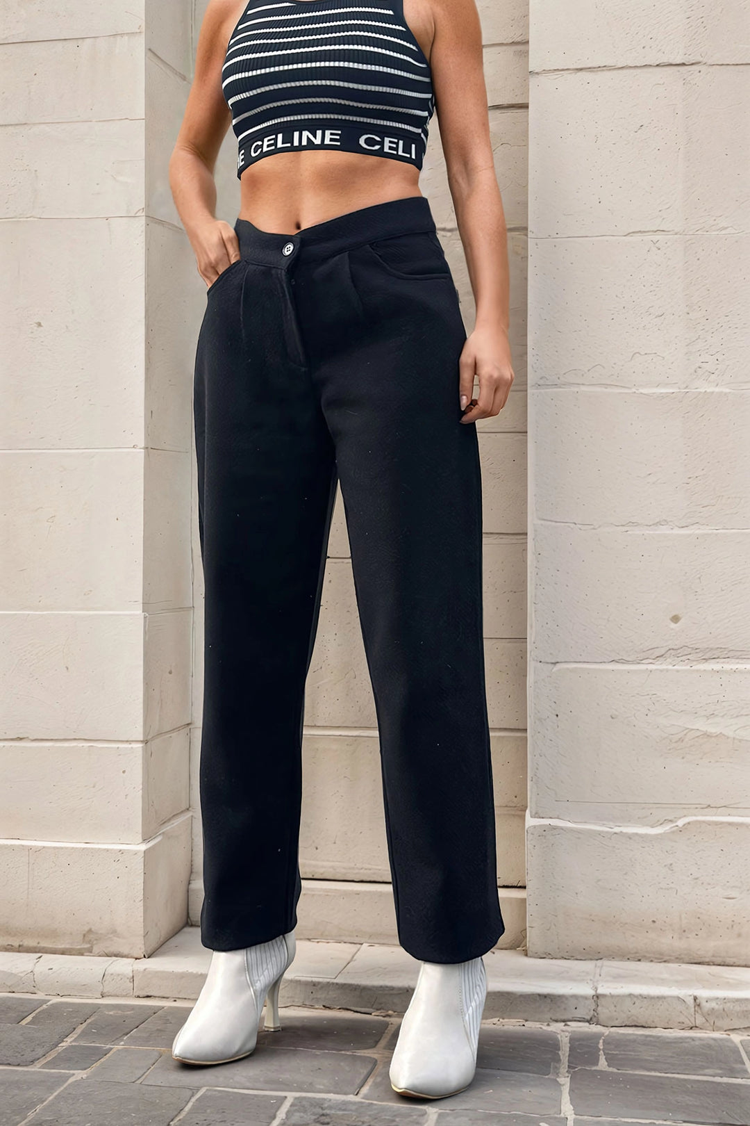 Black Self Patterned Coat High Waist Pocketed Pleated Pants BCBSK-25700-3448 - Halle-Neustadt