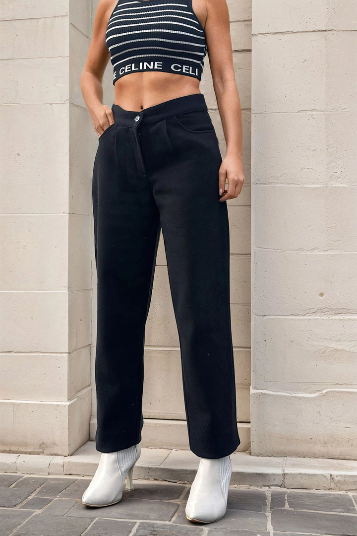 Black Self Patterned Coat High Waist Pocketed Pleated Pants BCBSK-25700-3448 - Halle-Neustadt