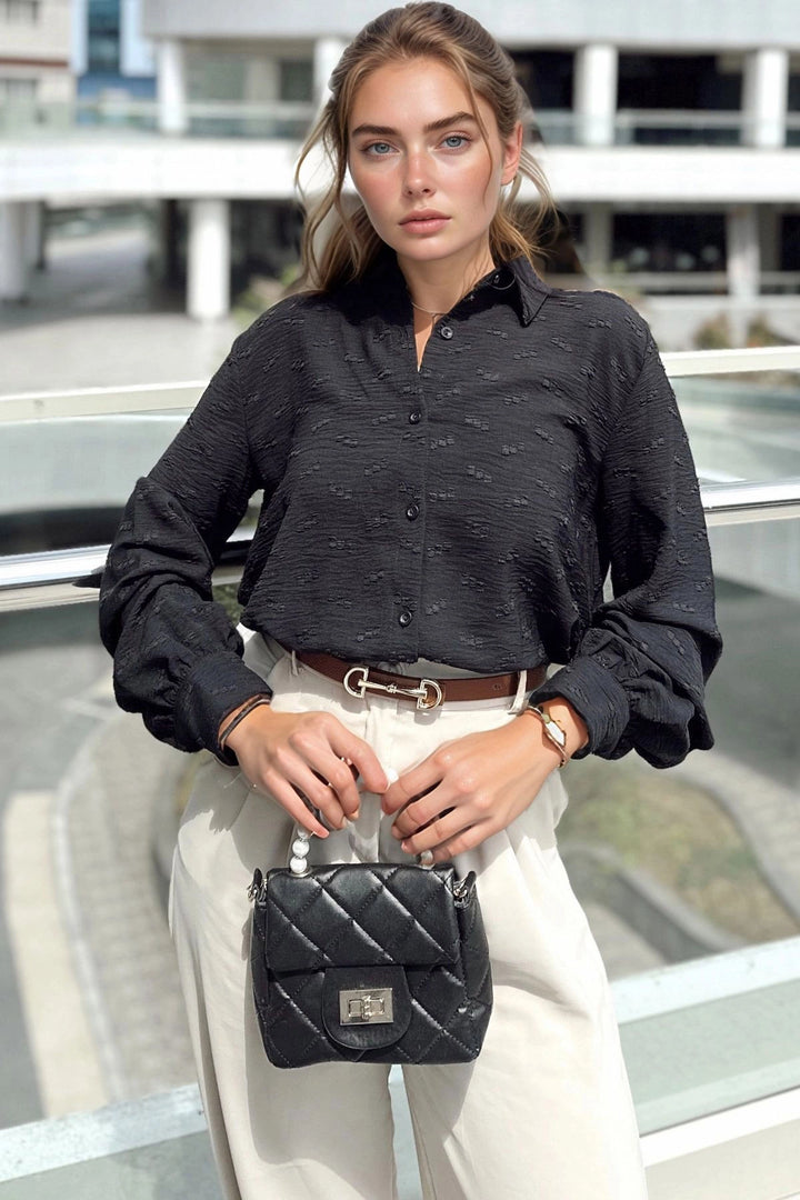 Black Self Patterned Oversized Long Sleeve Shirt BCBSK-25700-3554 - Davenport