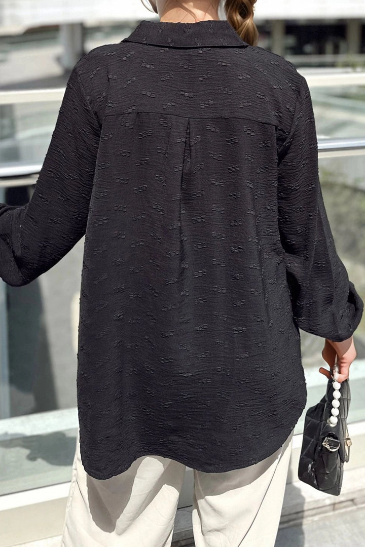 Black Self Patterned Oversized Long Sleeve Shirt BCBSK-25700-3554 - Davenport