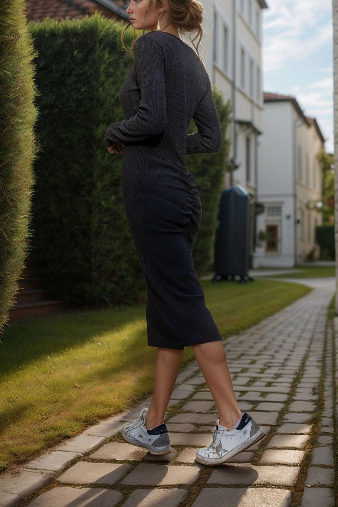 Black Textured Back Gathered Long Dress BCBSK-25700-3281 - Austin