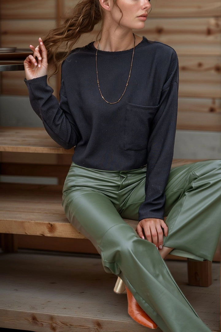 Black Textured Pocketed Crop Loose Sweatshirt BCBSK-25700-3321 - Framingham