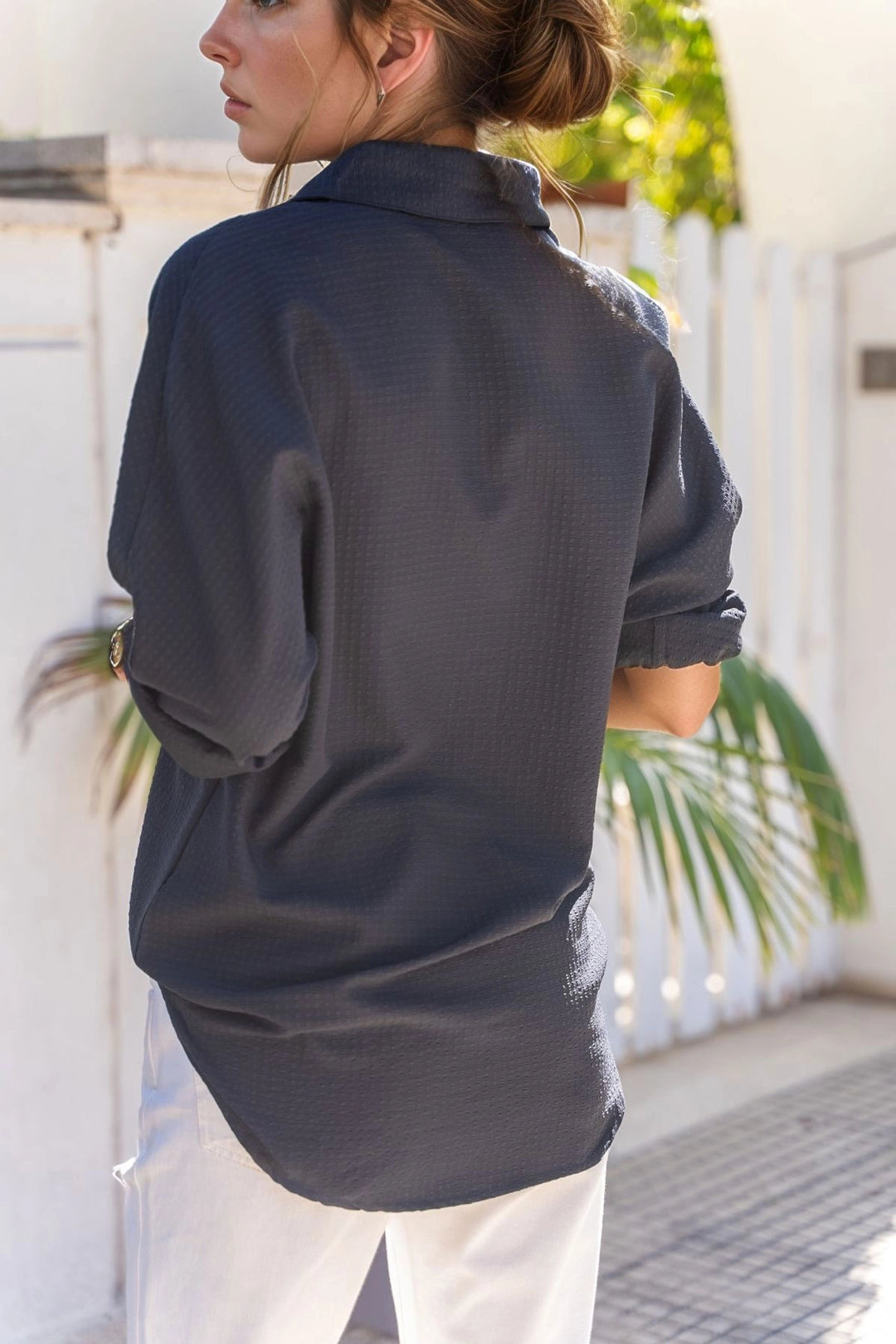 Black Textured Loose Fit Baggy Shirt BCBSK-25700-3522 - Thonon-les-Bains