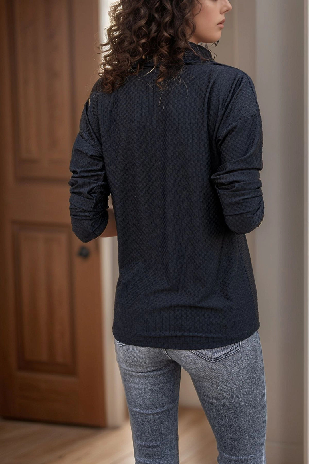 Black Textured Polo Neck Blouse BCBSK-25700-2821 - Alafaya