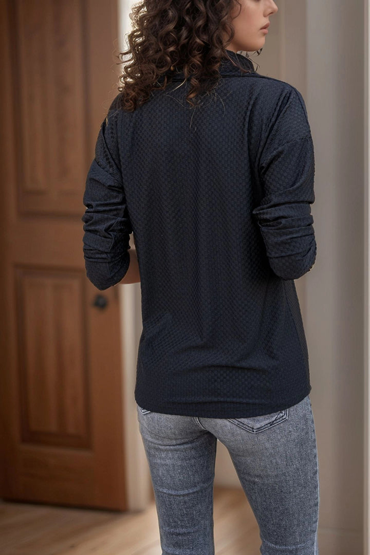 Black Textured Polo Neck Blouse BCBSK-25700-2821 - Alafaya