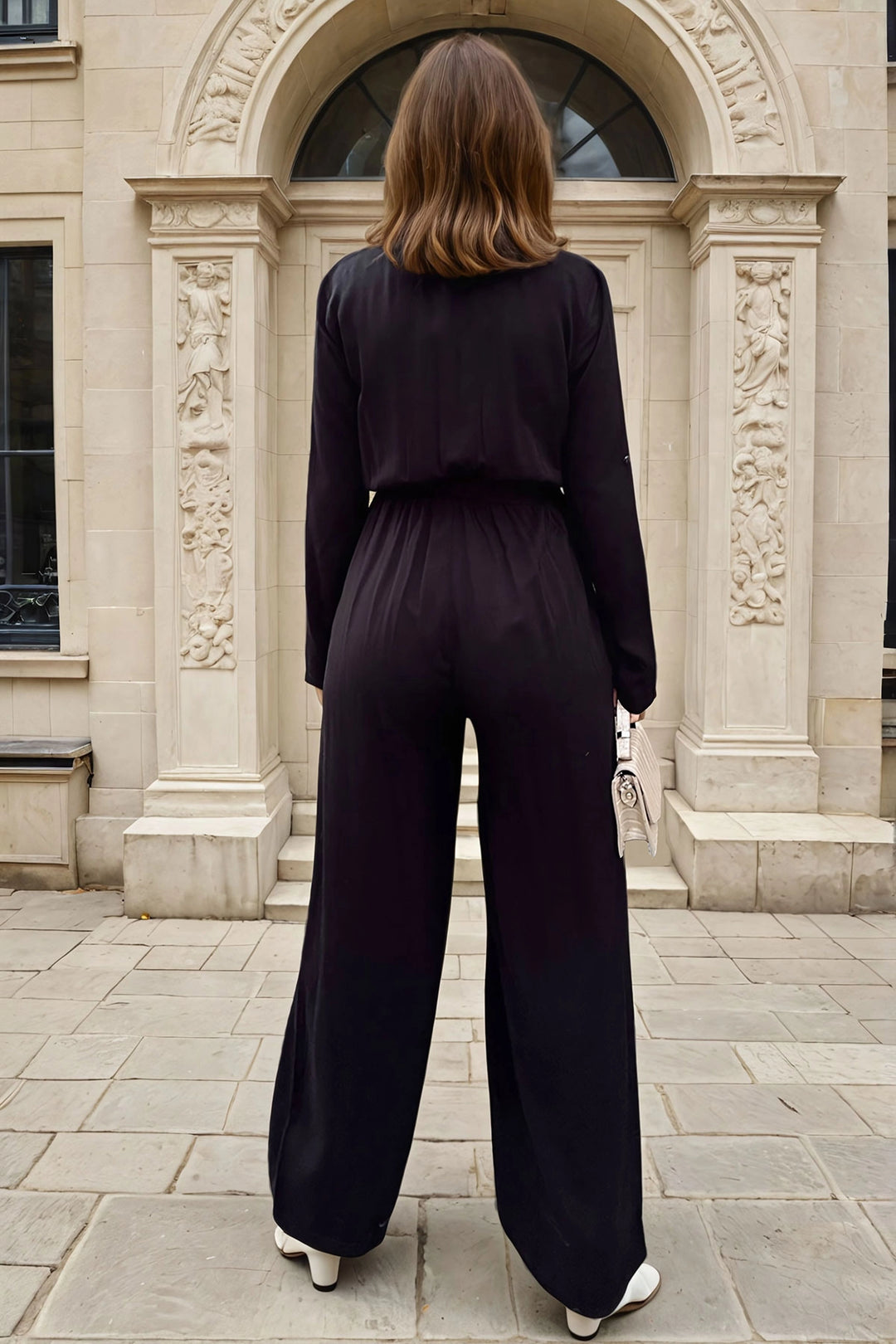 Black Half-Zip Jumpsuit with Elastic Waistband and Self-Belted Waist BCBSK-25700-3297 - Sacramento