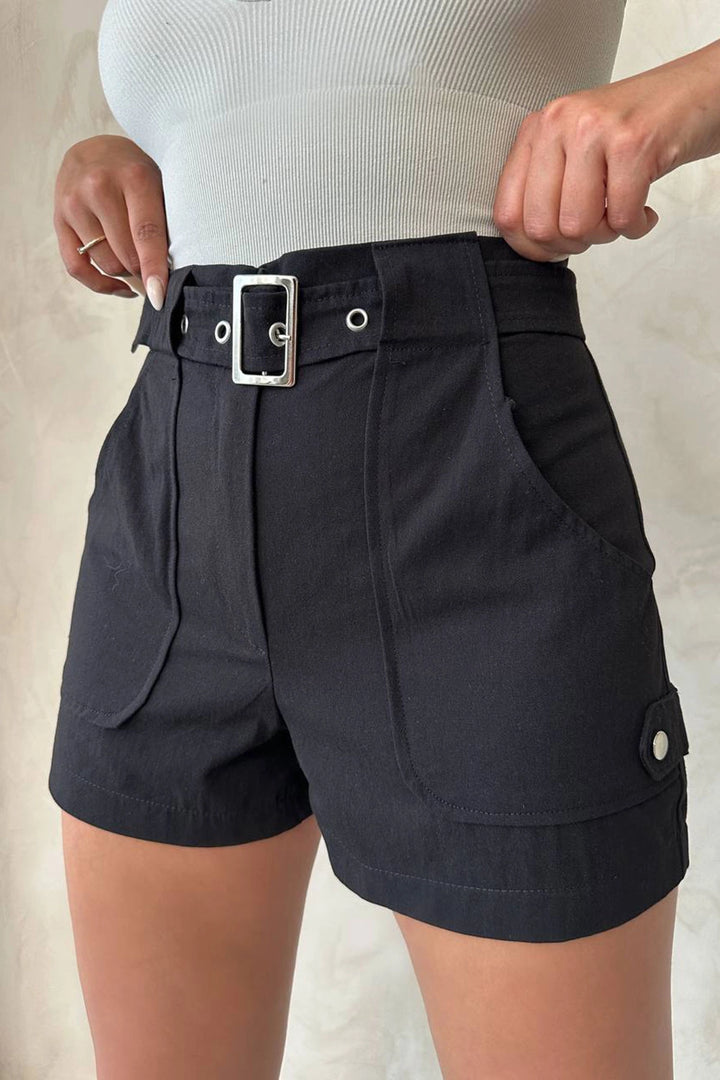 Black Gabardine Summer Shorts with Belted Pockets BCHN-2525289 - Ciudad Acuña