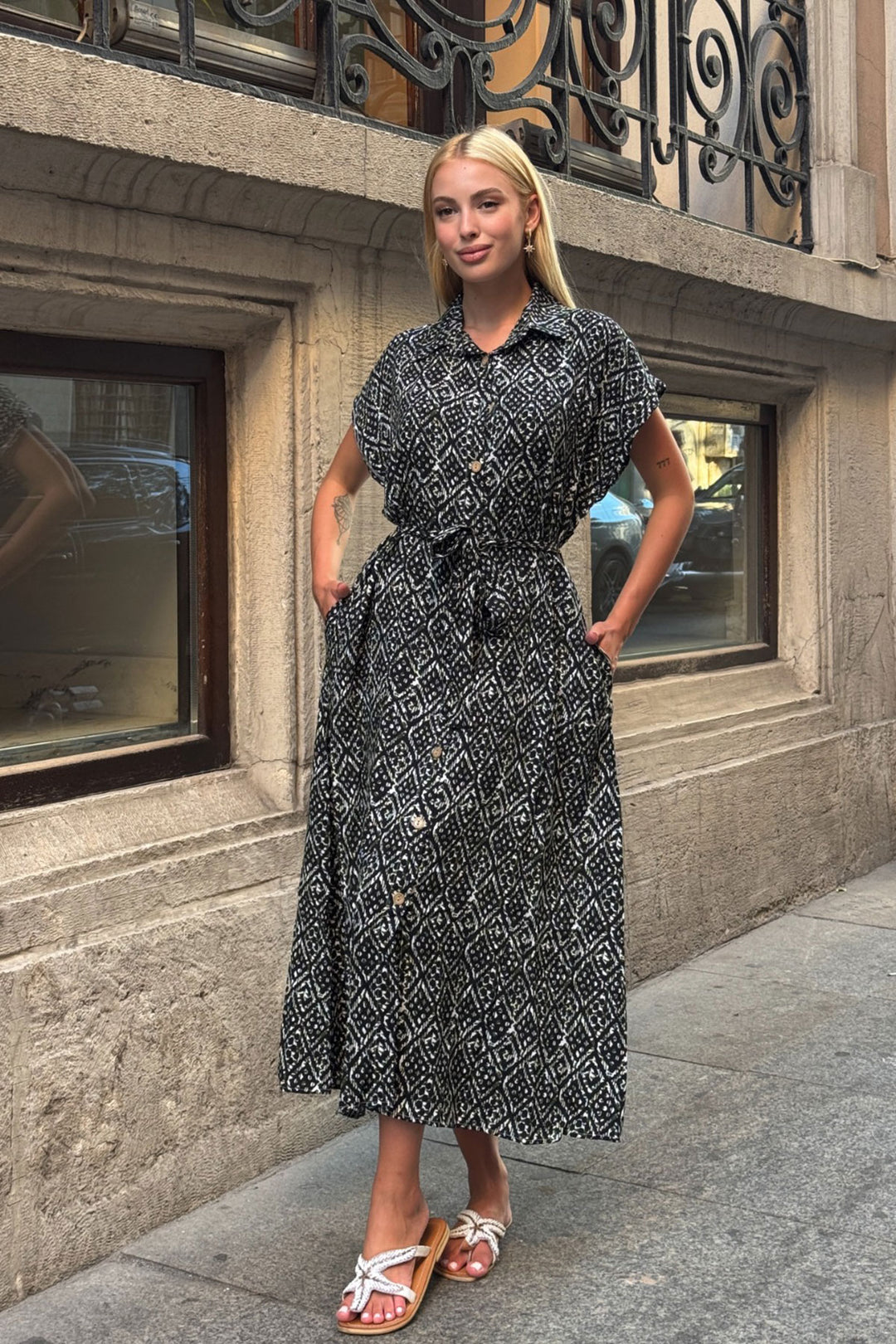 Black Self-Belted Patterned Woven Summer Shirt Dress BCVL-25V083 - Shostka
