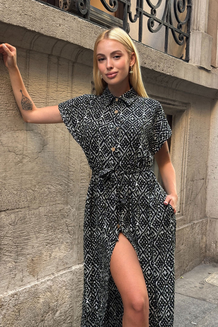 Black Self-Belted Patterned Woven Summer Shirt Dress BCVL-25V083 - Shostka