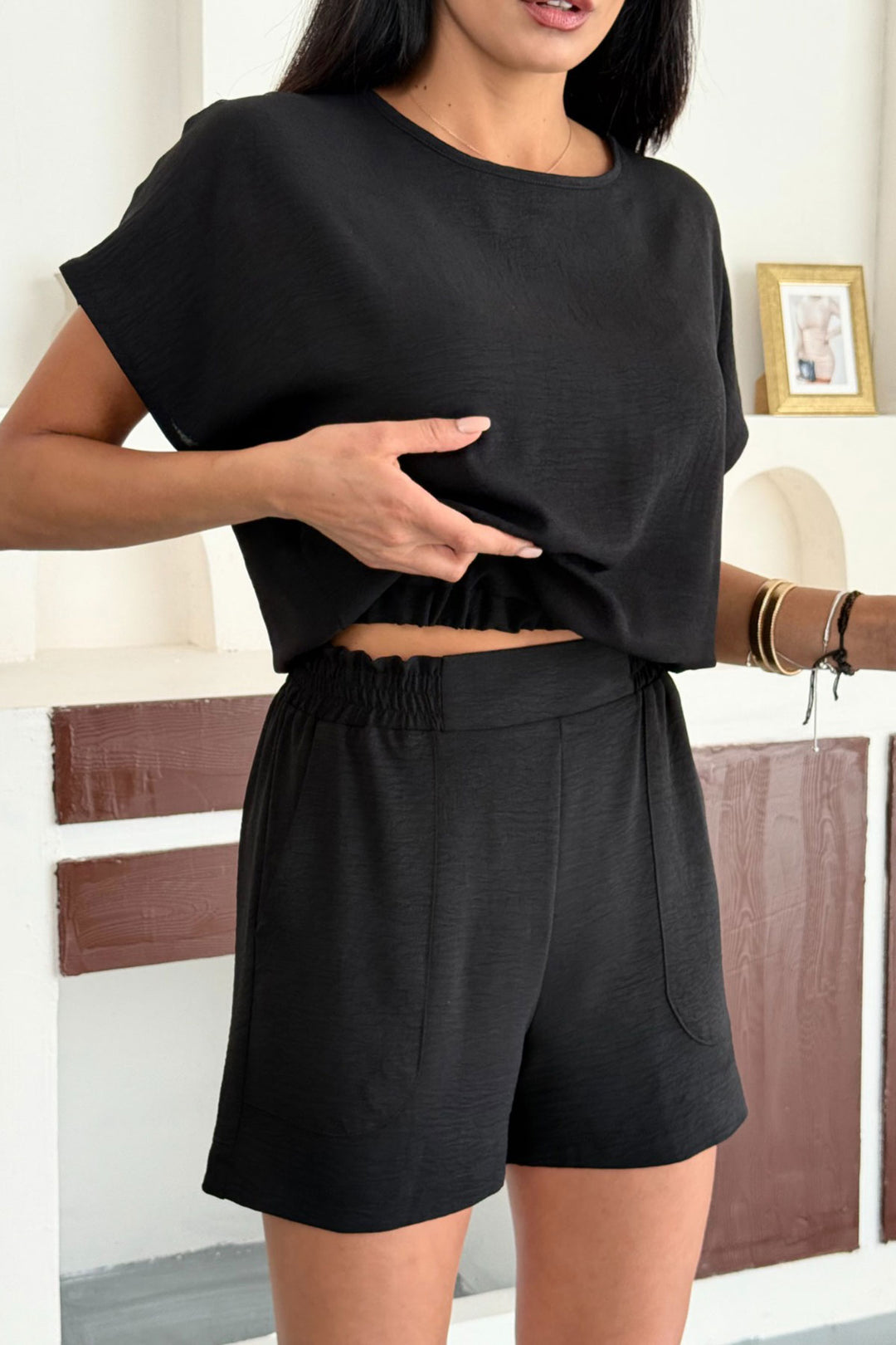 Black Linen Aerobin Woven Top and Bottom Shorts Set BCCM-253000 - Tepeapulco