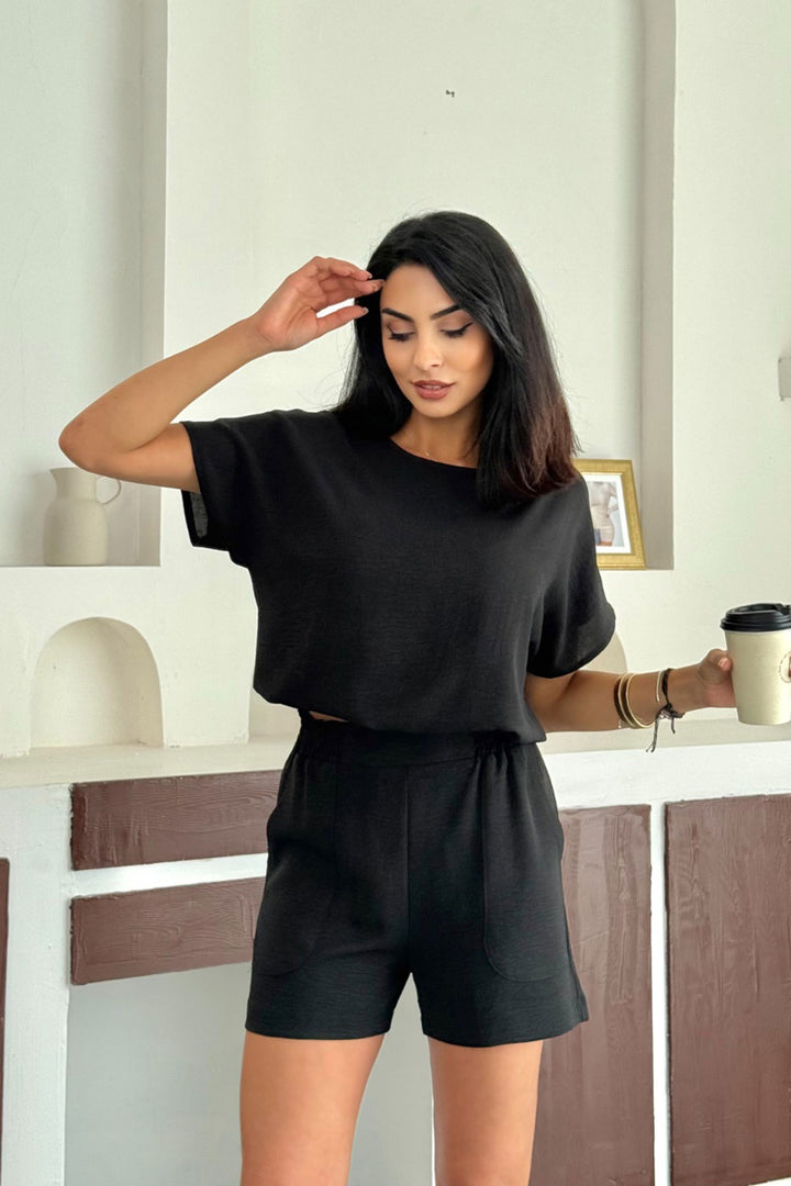 Black Linen Aerobin Woven Top and Bottom Shorts Set BCCM-253000 - Tepeapulco