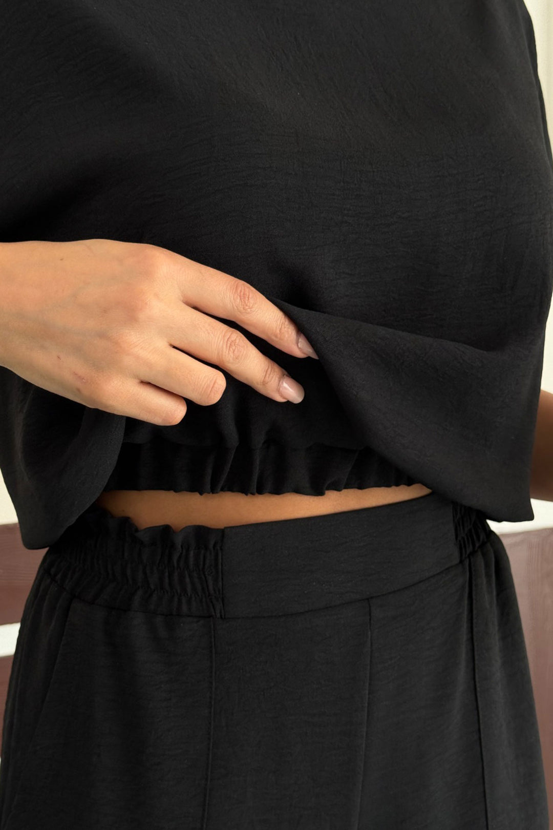Black Linen Aerobin Woven Top and Bottom Shorts Set BCCM-253000 - Tepeapulco