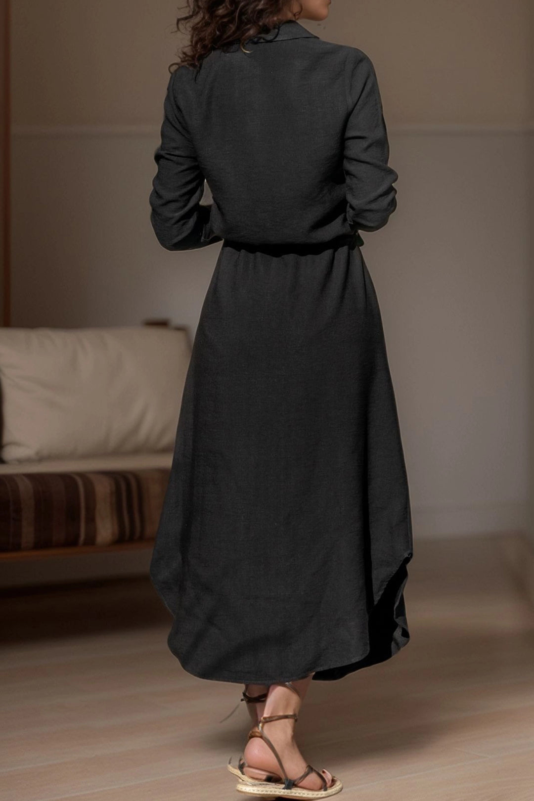Black Linen Belted Straw Dress BCBSK-25700-2837 - Rio de Mouro