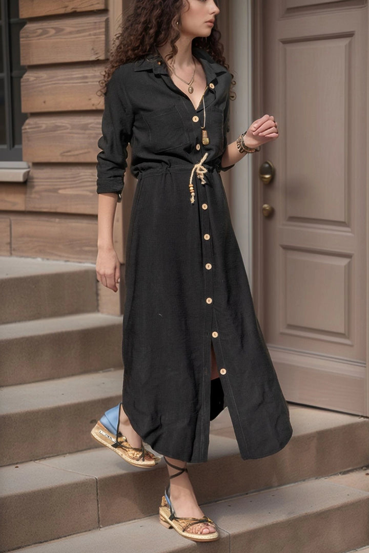 Black Linen Belted Straw Dress BCBSK-25700-2837 - Rio de Mouro