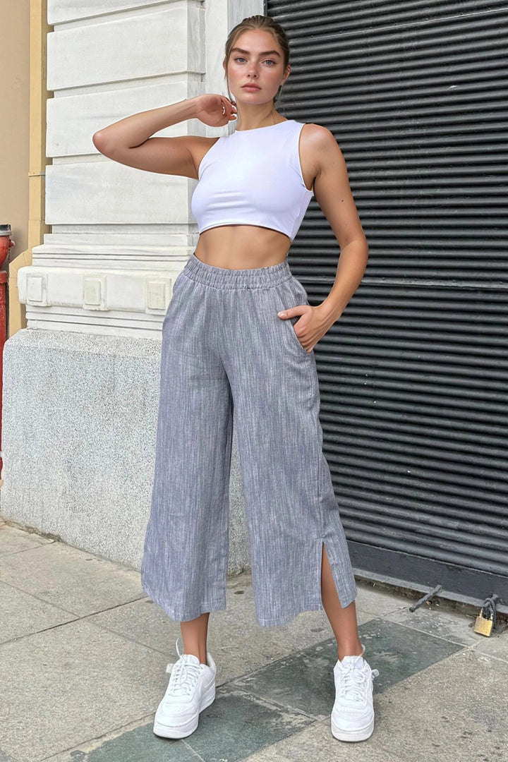 Black Linen Elastic Waist Pocketed Slit Loose Capri Pants BCBSK-25700-3404 - Springfield