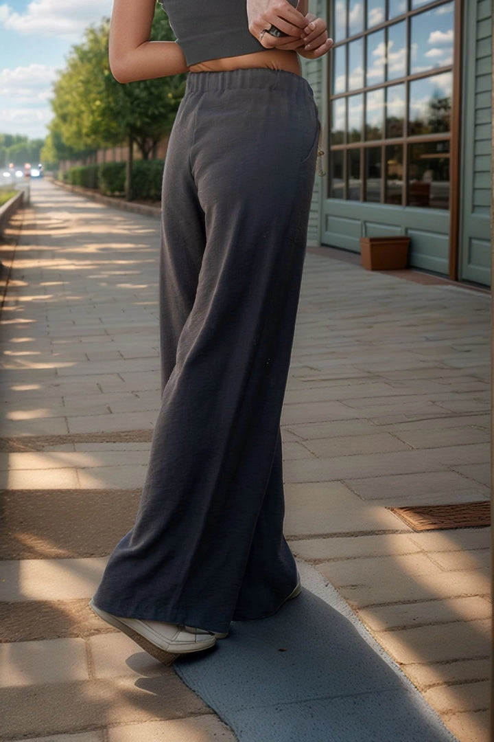 Black Linen Elastic Waist Loose Fit Pants BCBSK-25700-2933 - Columbus