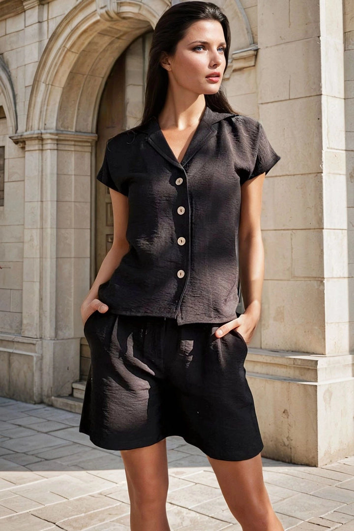 Black Linen Jacket Collar Buttoned Short Sleeve Shirt Shorts Set BCBSK-25700-3402 - Kolomyia