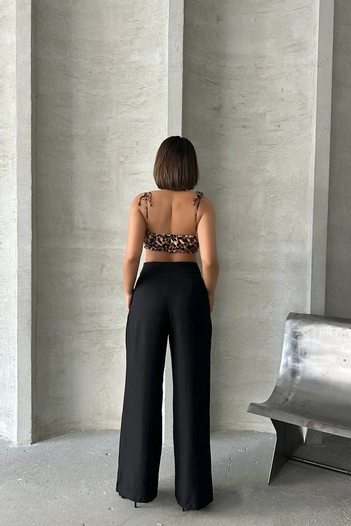 Black Linen Double Pleated Woven Trousers BCHN-25255046 - Melitopol