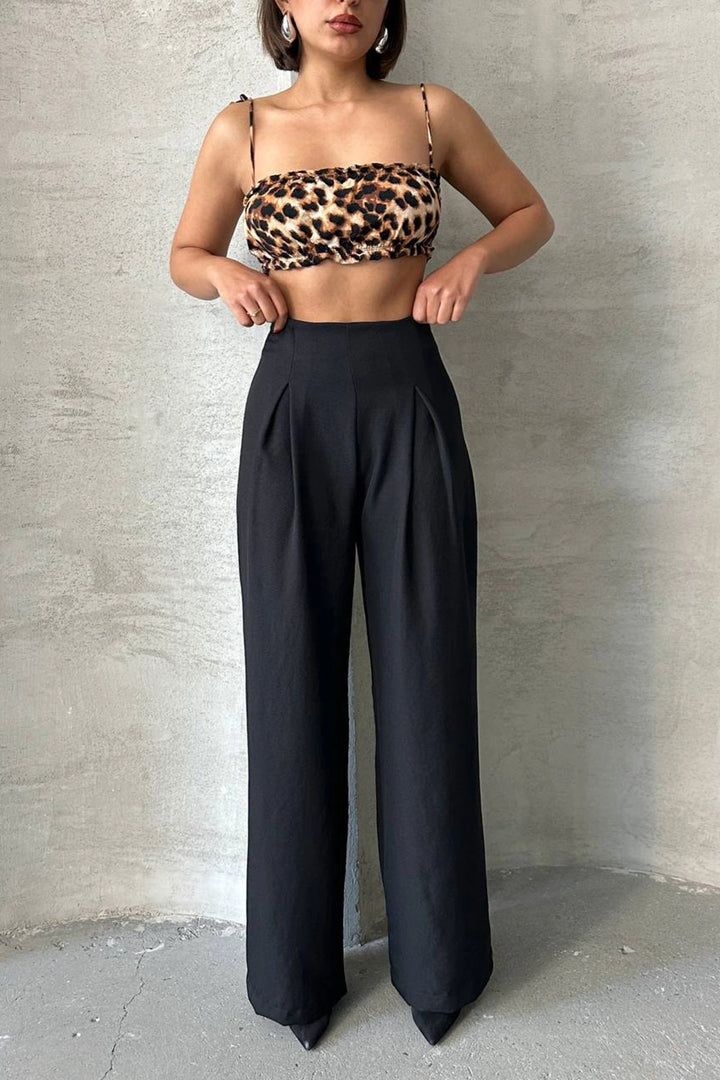 Black Linen Double Pleated Woven Trousers BCHN-25255046 - Melitopol