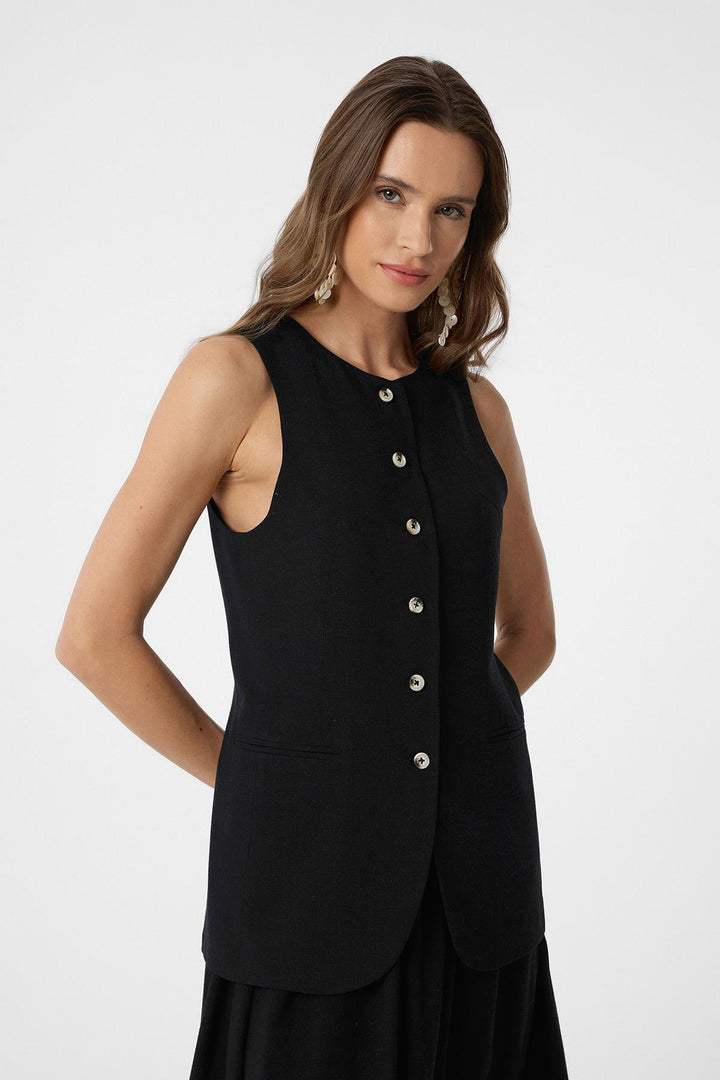ANT Antioch Black Linen Blend Women's Long Vest - Boadilla del Monte