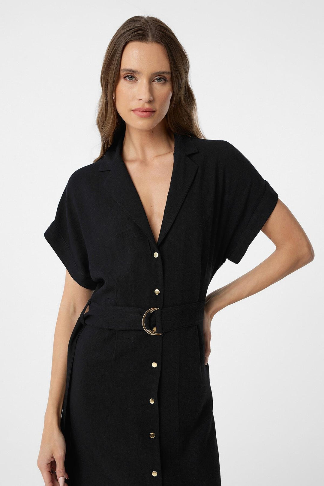 ANT Antioch Black Linen Blend Belted Women's Dress - Konstanz