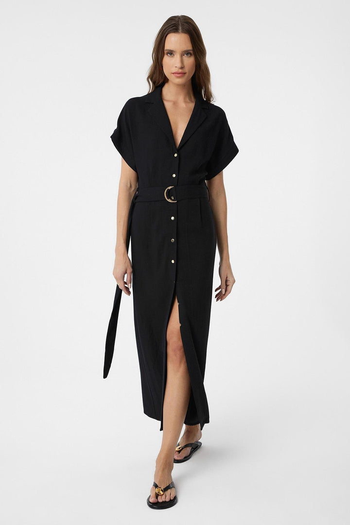 ANT Antioch Black Linen Blend Belted Women's Dress - Konstanz