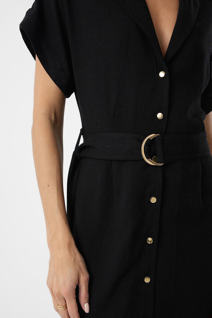 ANT Antioch Black Linen Blend Belted Women's Dress - Konstanz