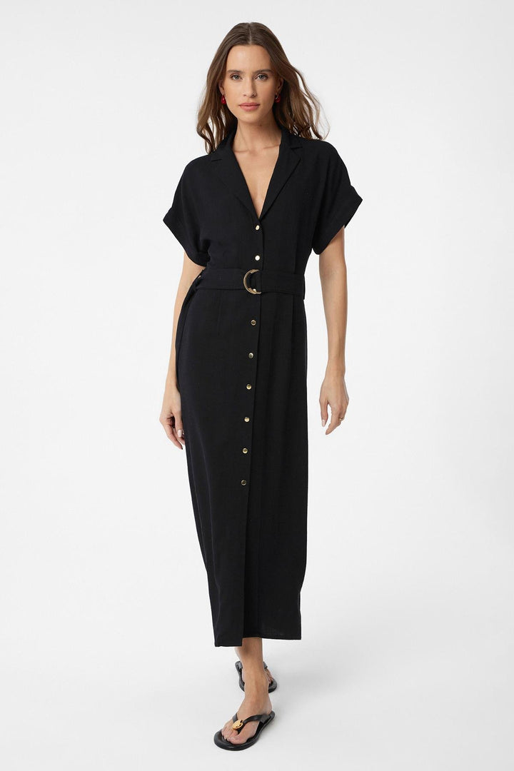 ANT Antioch Black Linen Blend Belted Women's Dress - Konstanz