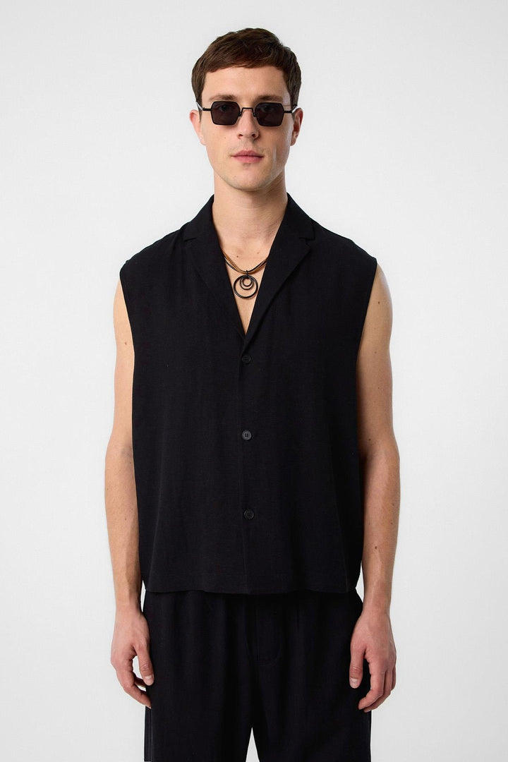ANT Antioch Black Linen Blend Sleeveless Men's Shirt - Nicolás Romero