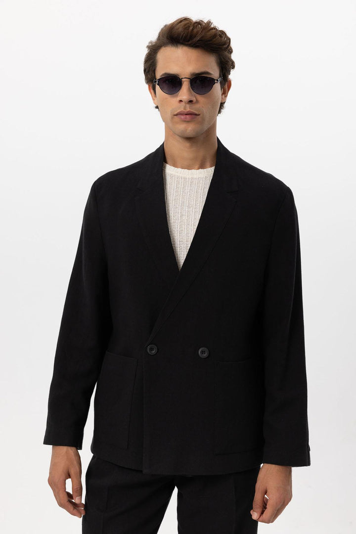 ANT Antioch Black Linen Blend Double-Breasted Men's Blazer Jacket - Edina