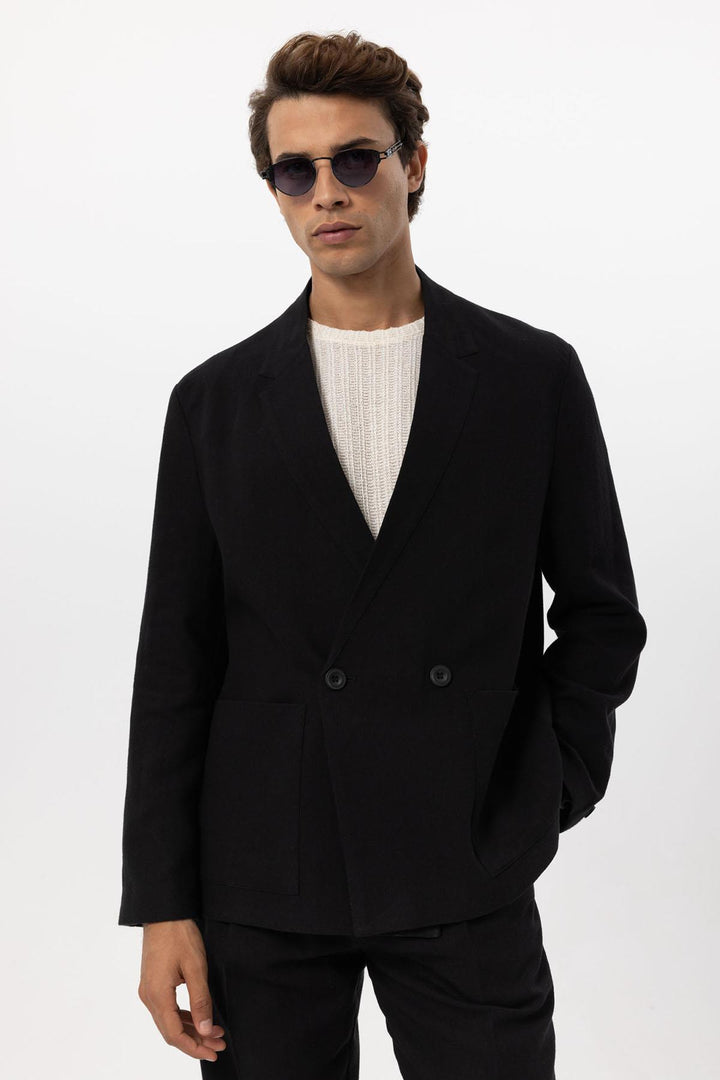 ANT Antioch Black Linen Blend Double-Breasted Men's Blazer Jacket - Edina