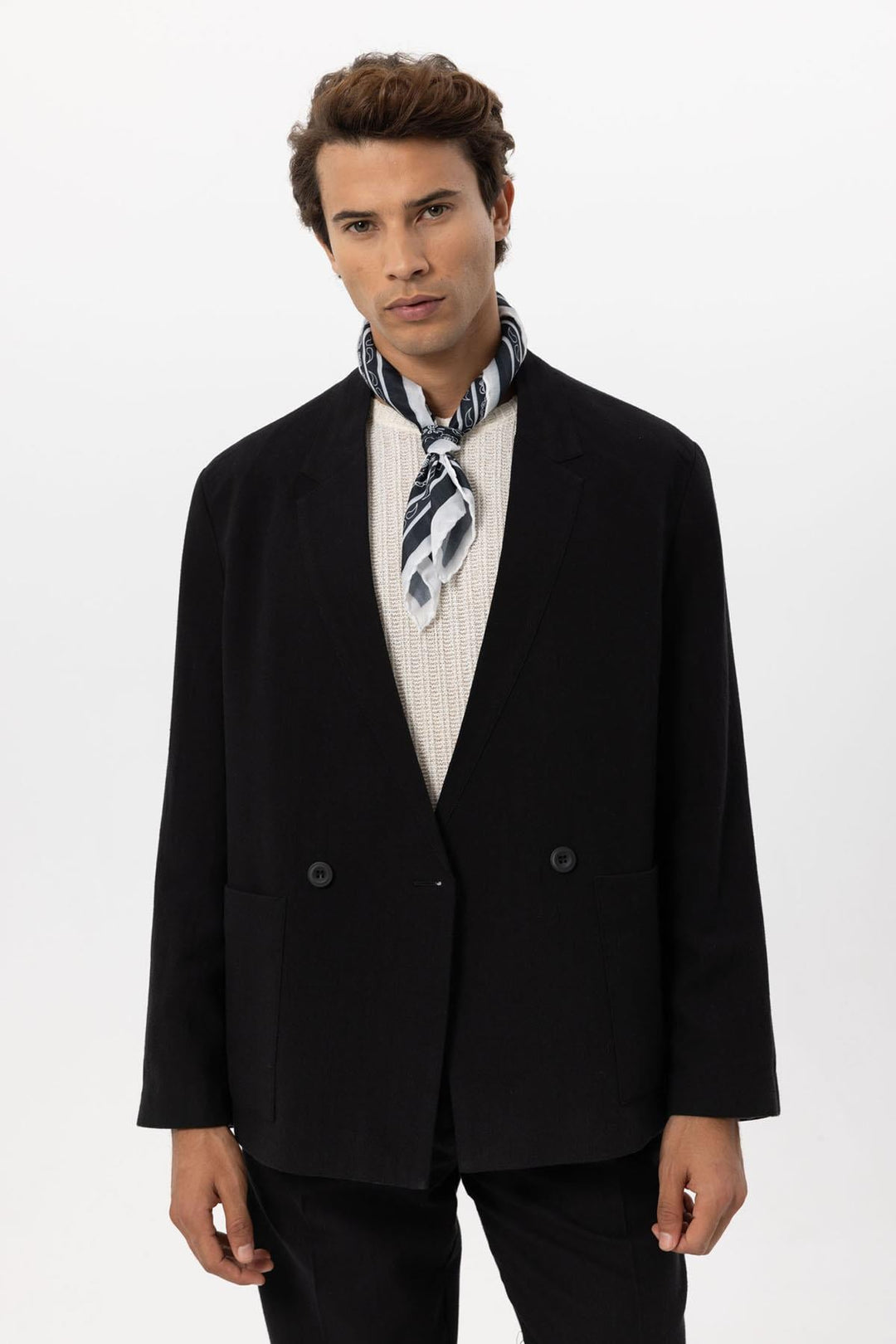 ANT Antioch Black Linen Blend Double-Breasted Men's Blazer Jacket - Edina