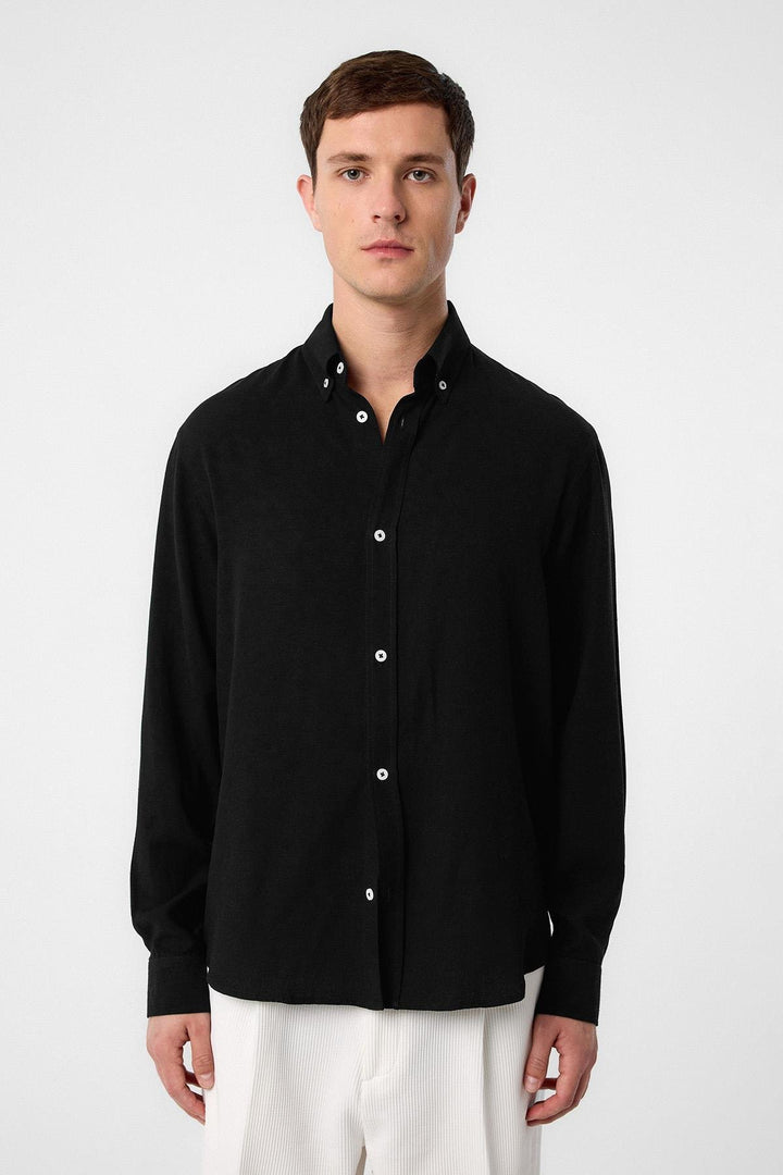 ANT Antioch Black Linen Blend Buttoned Collar Men's Shirt - Bend