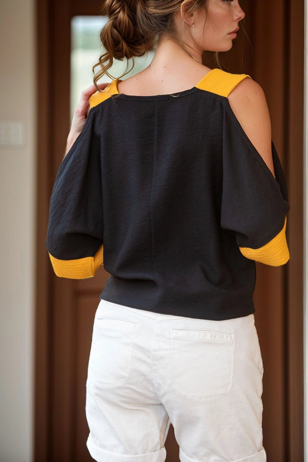 Black Linen Loose Blouse with Off-Shoulder Neckline BCBSK-25700-2923 - Hammond