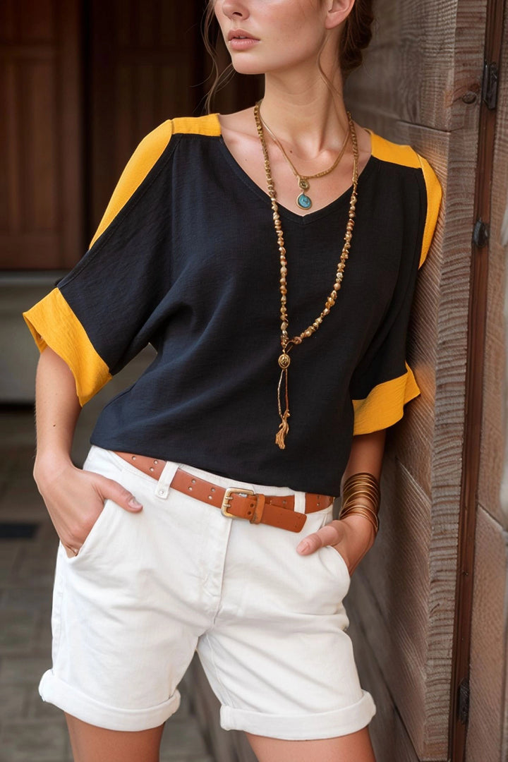 Black Linen Loose Blouse with Off-Shoulder Neckline BCBSK-25700-2923 - Hammond