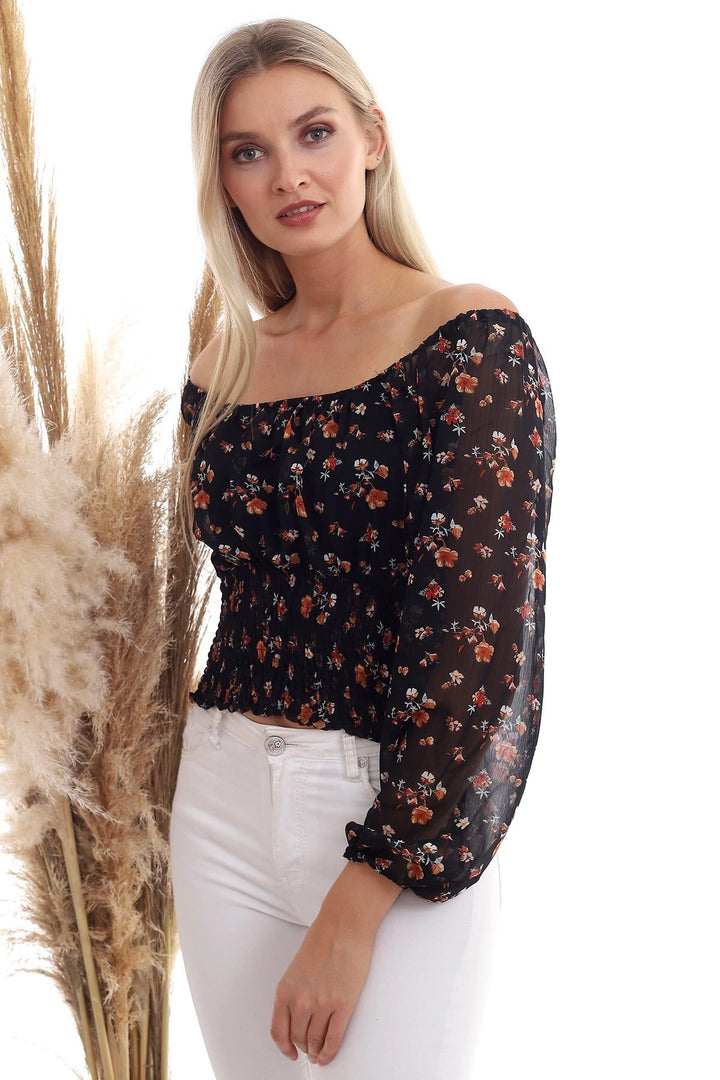 Black Tile Chiffon Patterned Waist Gathered Long Sleeve Blouse CO-2520333364 - Winston-Salem