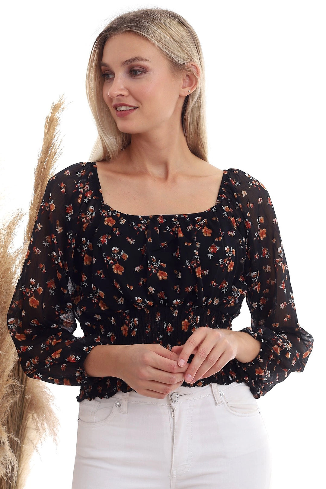 Black Tile Chiffon Patterned Waist Gathered Long Sleeve Blouse CO-2520333364 - Winston-Salem