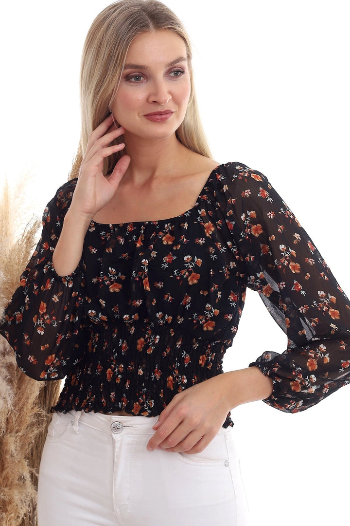 Black Tile Chiffon Patterned Waist Gathered Long Sleeve Blouse CO-2520333364 - Winston-Salem
