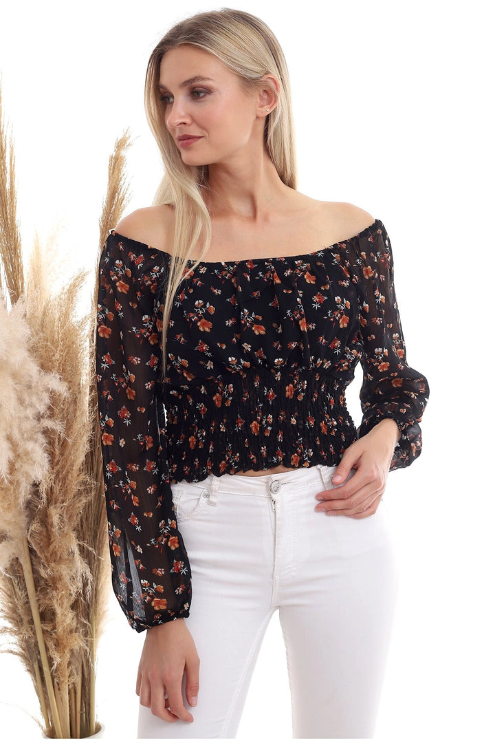 Black Tile Chiffon Patterned Waist Gathered Long Sleeve Blouse CO-2520333364 - Winston-Salem