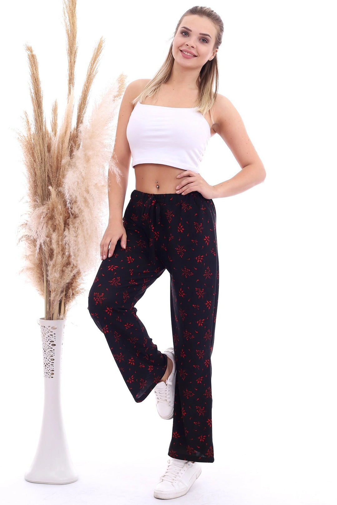 Black Red High Waist Elastic Wide Leg Pants CO-2520070786 - Fushë Kosovë