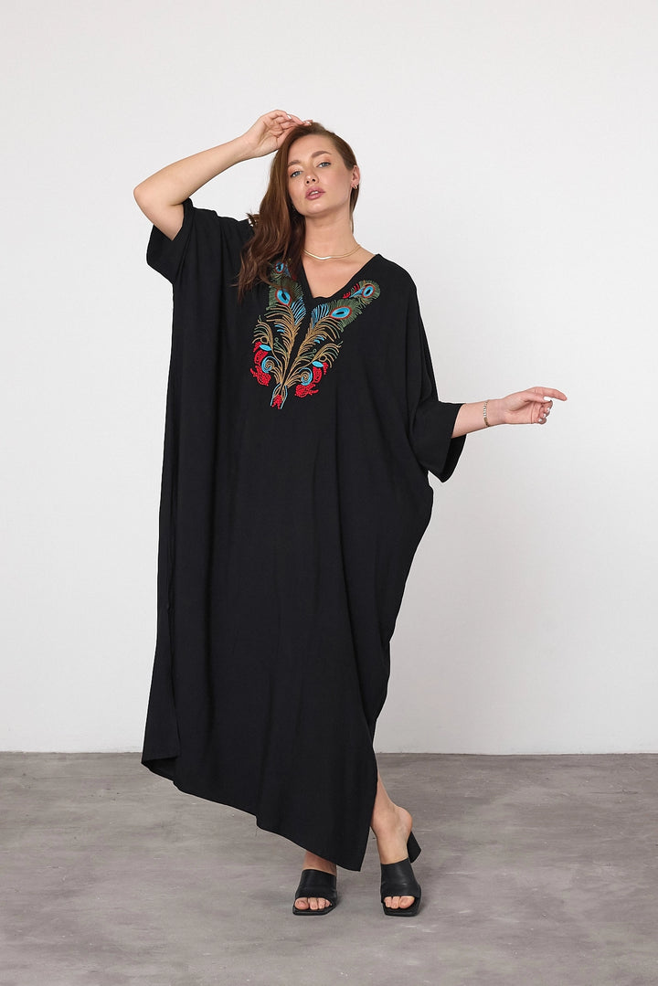 Maxi Boy Black Red Embroidered Woven Viscose Dress BCVL-25V046 - San Juan Despí