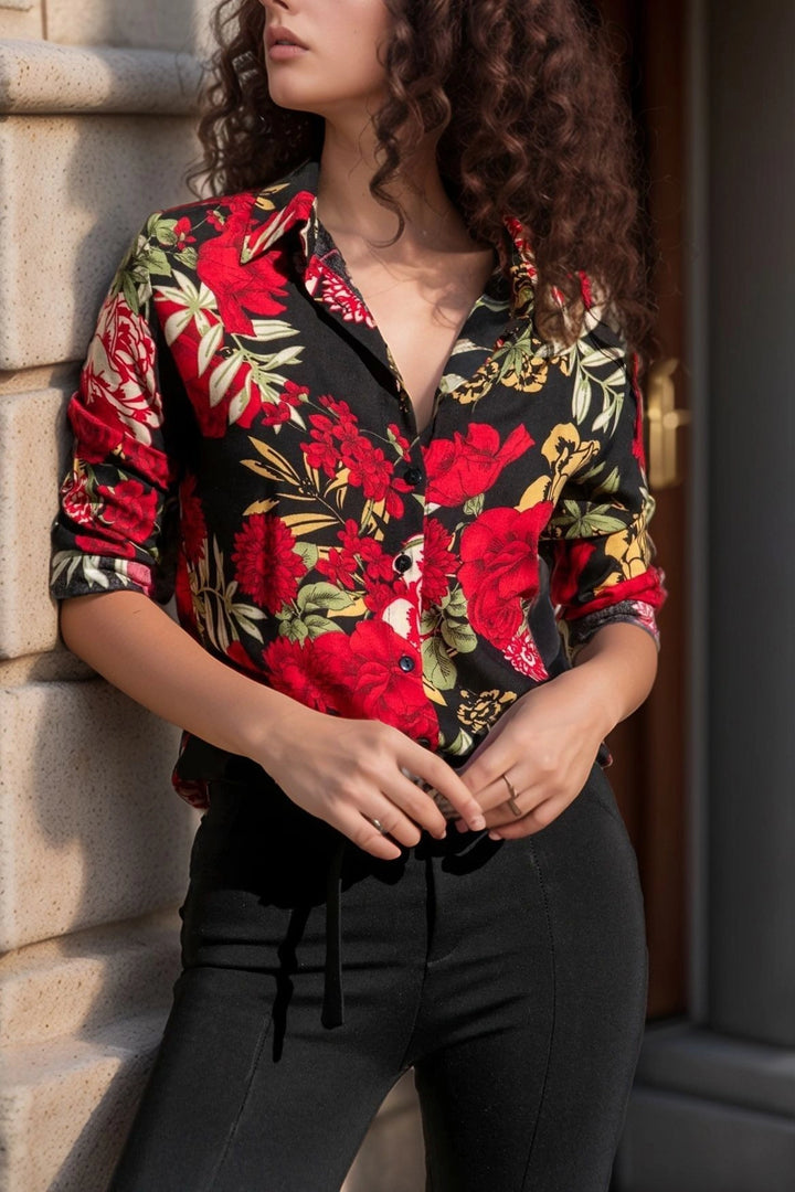 Black Red Long Sleeve Buttoned Oversized Shirt BCBSK-25700-2711 - Lugano