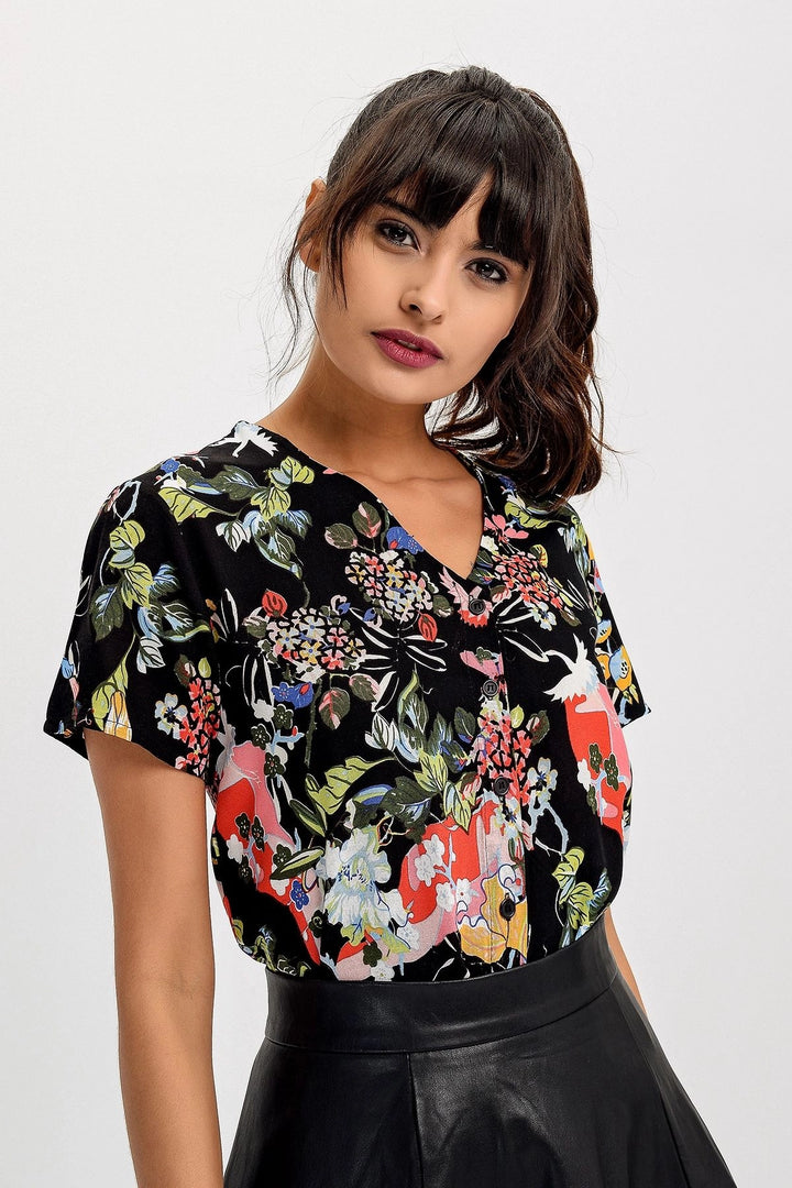 Black Red V-Neck Patterned Blouse BCBSK-25700-H5030 - Bethesda