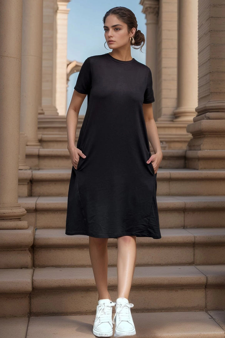 Black Short Sleeve Pocketed Basic Dress BCBSK-25700-3614 - Torremolinos