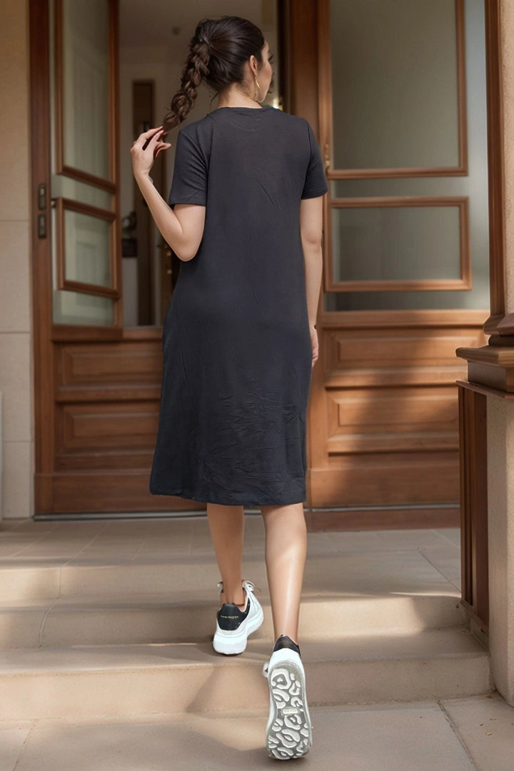 Black Short Sleeve Pocketed Basic Dress BCBSK-25700-3614 - Torremolinos